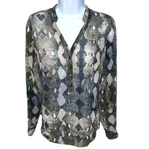 Women's A.N.A. Black/Green Snake Print Long Sleeve Button Down Top - XS